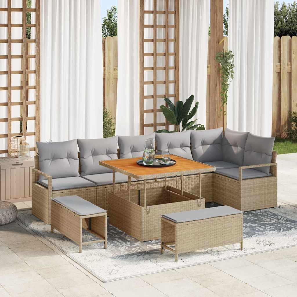 Tuin Sofa Set met kussen 9 pcs Beige Poly riet is nu te koop bij PeponiXL, paradijselijk wonen!