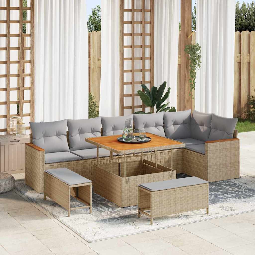 Tuin Sofa Set met kussen 9 pcs Beige Poly riet is nu te koop bij PeponiXL, paradijselijk wonen!