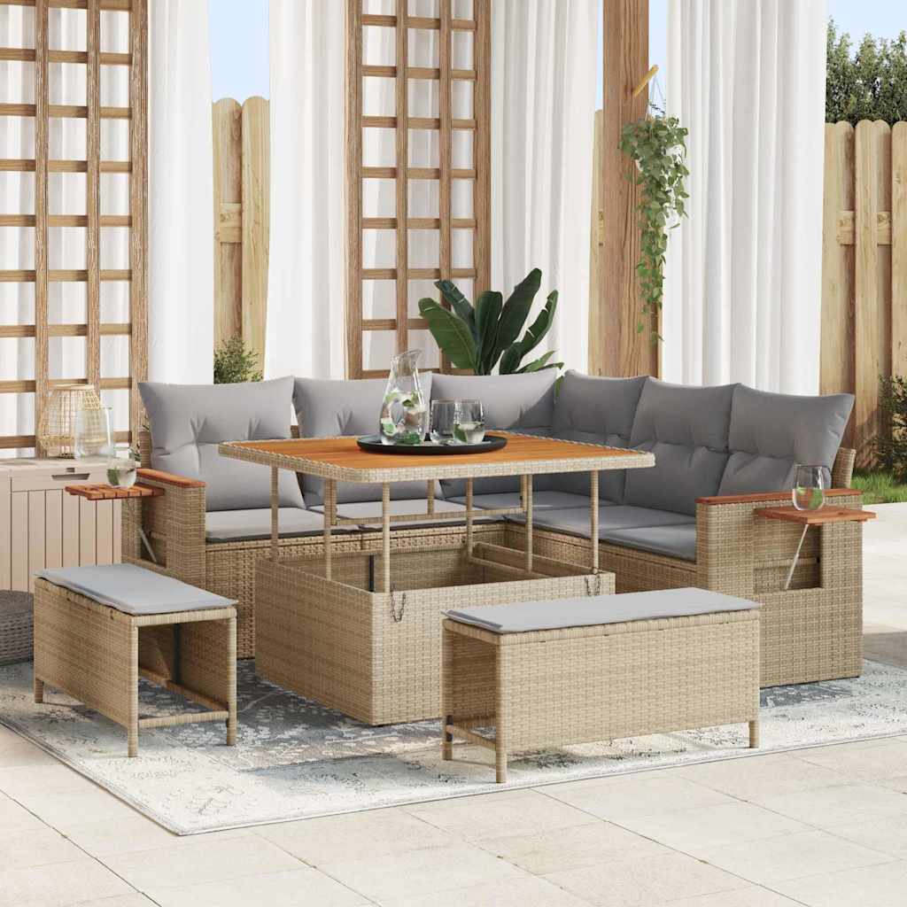 Tuinbankenset met kussen 9 pcs Beige en Licht Grijs poly rattan is nu te koop bij PeponiXL, paradijselijk wonen!