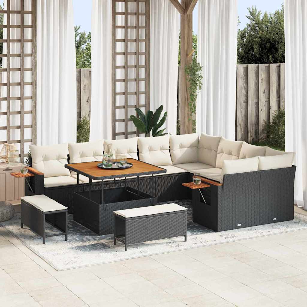 Tuinbankenset met kussen 13 pcs Zwart en Crème poly rattan is nu te koop bij PeponiXL, paradijselijk wonen!