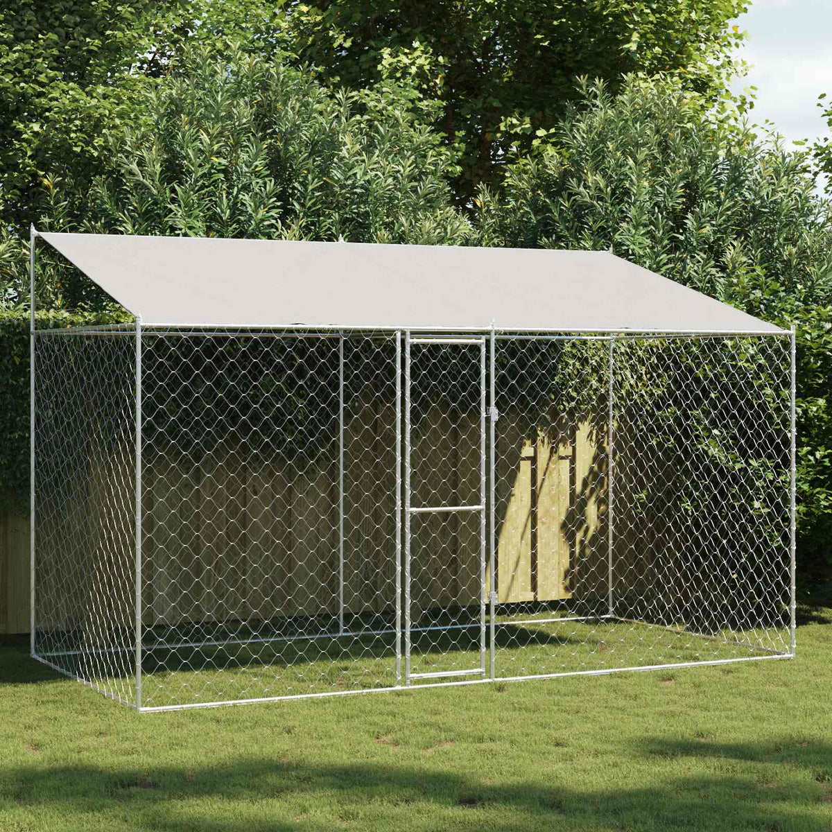Hondenkooi met Dak Zilver 400 x 200 x 256 cm Staal en PE is nu te koop bij PeponiXL, paradijselijk wonen!