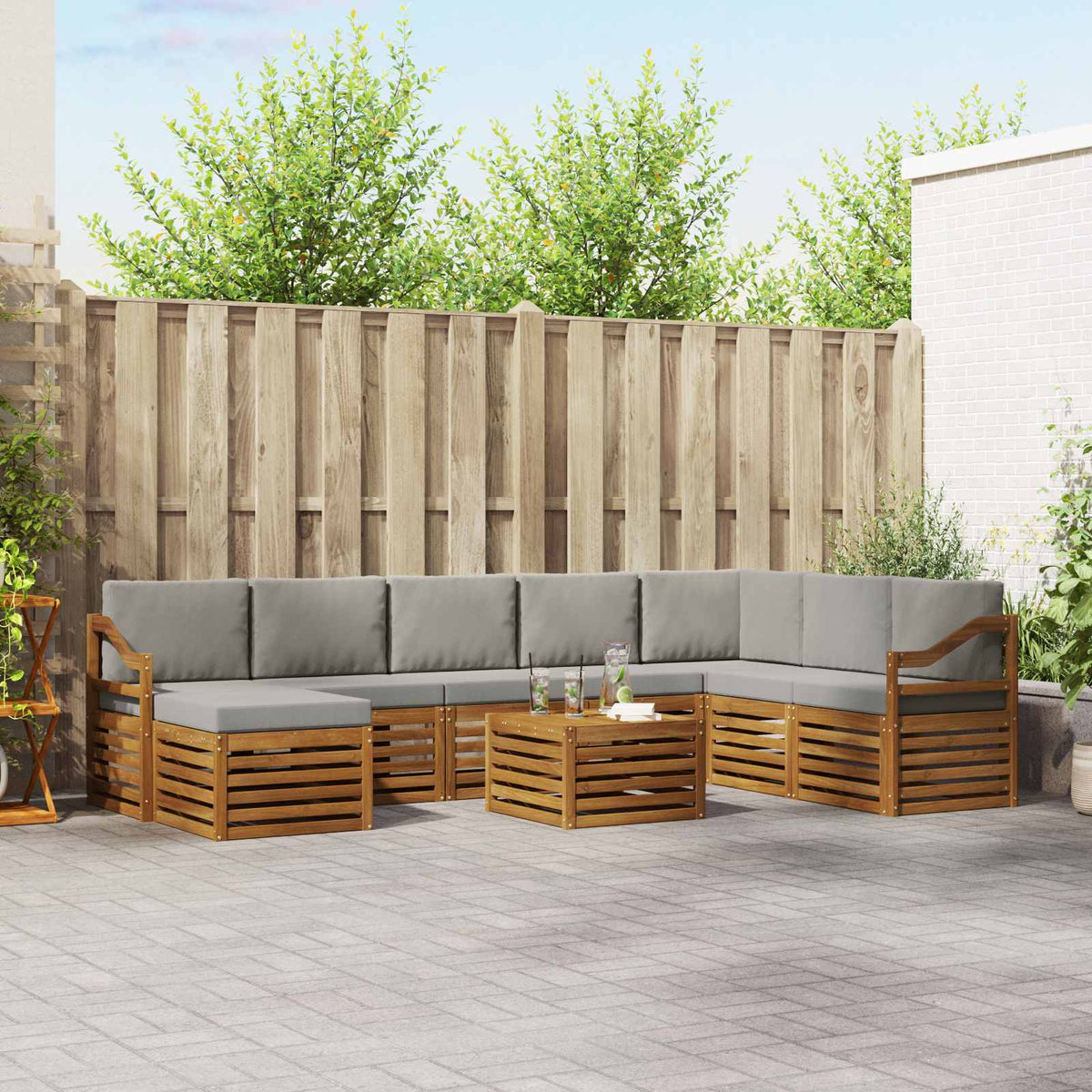 Buiten bankenset met kussen 9 pcs Natuurlijk en Lichtgrijs is nu te koop bij PeponiXL, paradijselijk wonen!