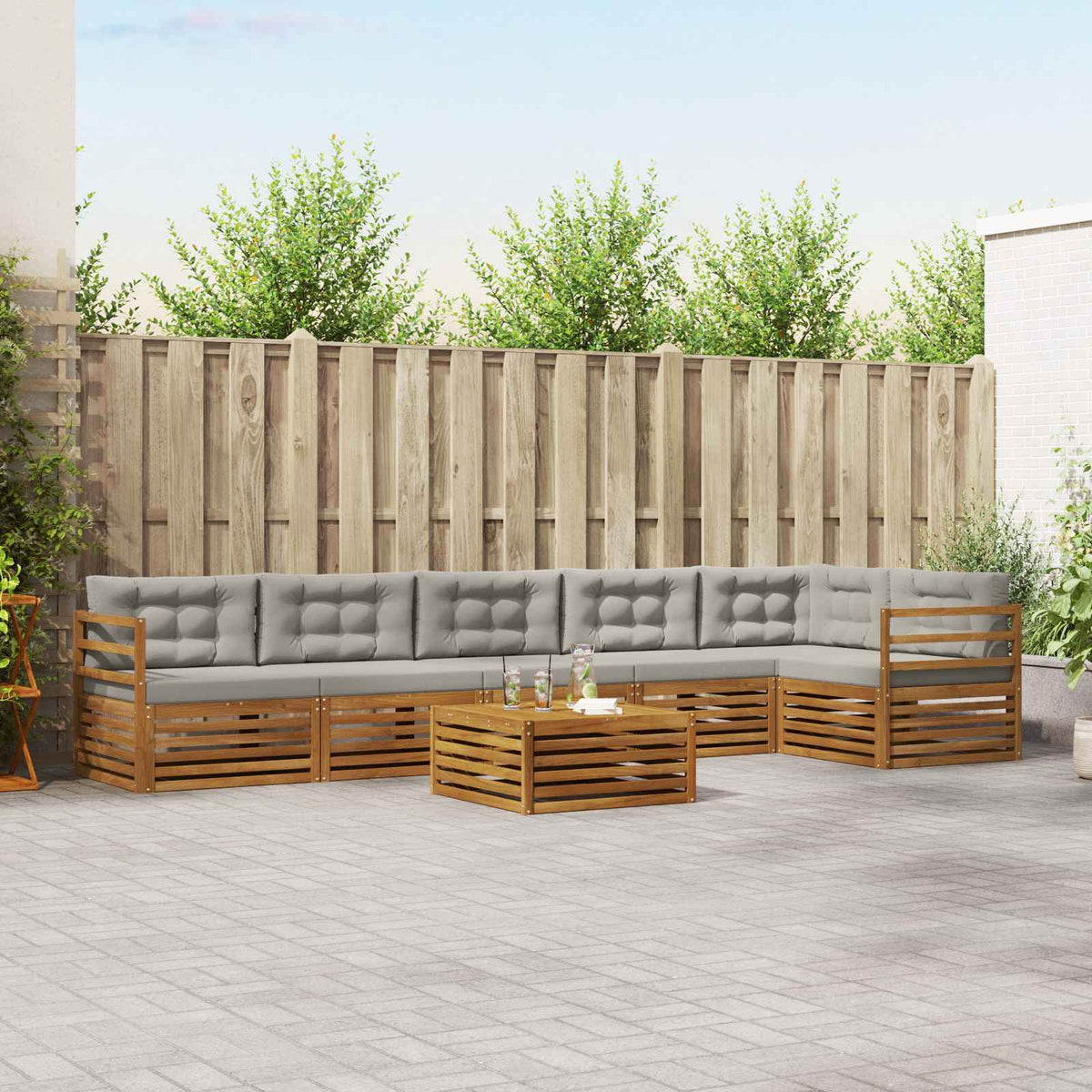 Buiten bankenset met kussen 7 pcs Natuurlijk en Lichtgrijs is nu te koop bij PeponiXL, paradijselijk wonen!