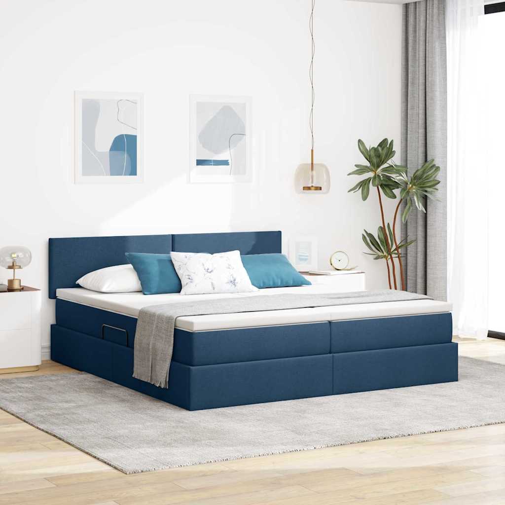 Bed met LED-striplichten met hoofdeinde Blauw 200 x 200 cm Stof is nu te koop bij PeponiXL, paradijselijk wonen!