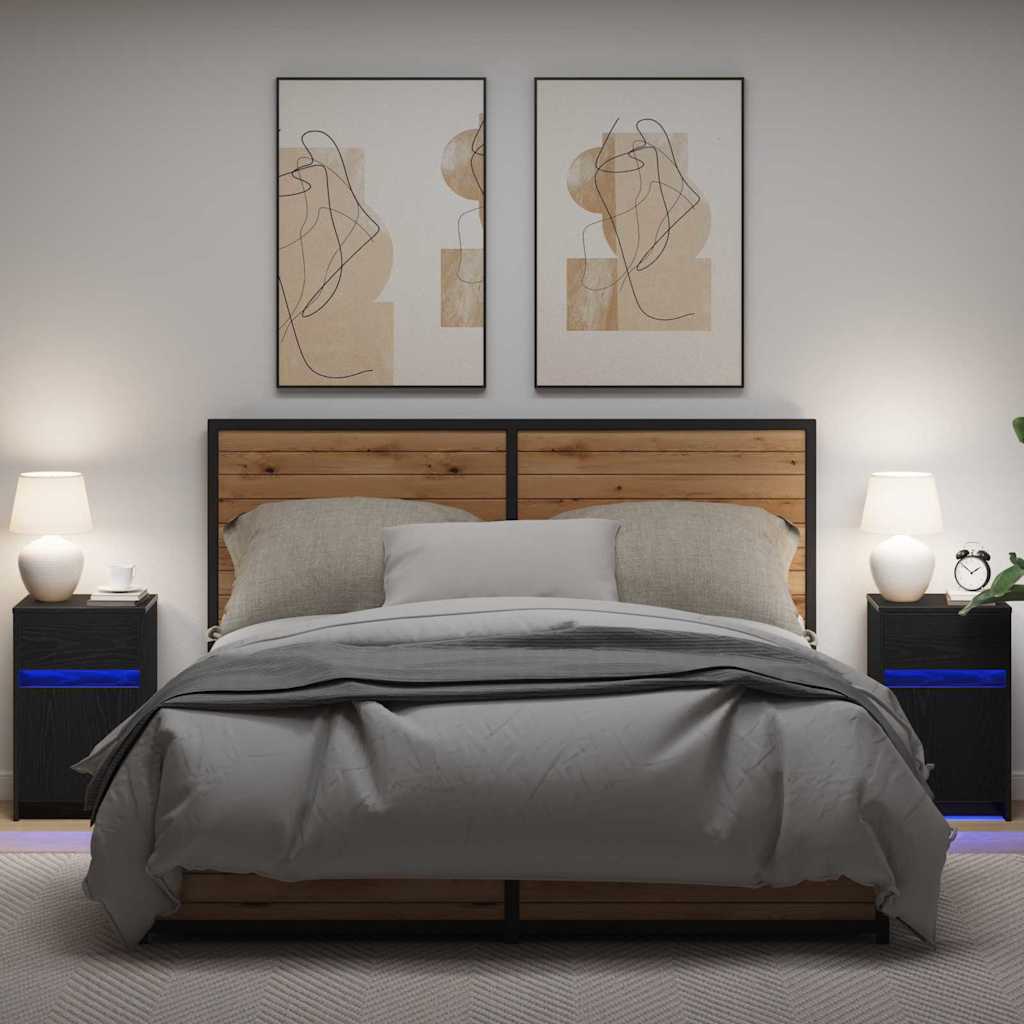 LED Bedside Kast 2 pcs Zwart eiken 38 x 34 x 61 cm Bewerkt hout is nu te koop bij PeponiXL, paradijselijk wonen!