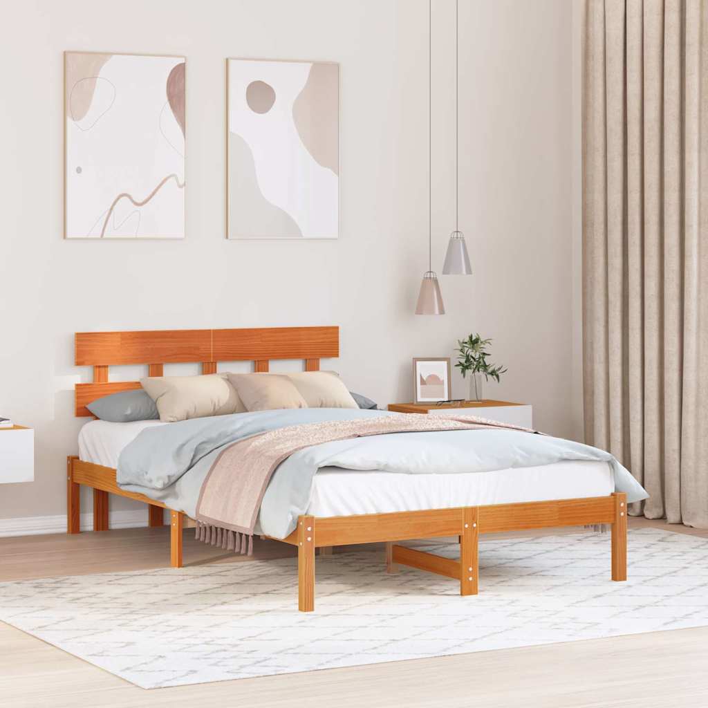 Bedframe met hoofdeinde Bruin 140 x 190 cm Massief grenenhout is nu te koop bij PeponiXL, paradijselijk wonen!