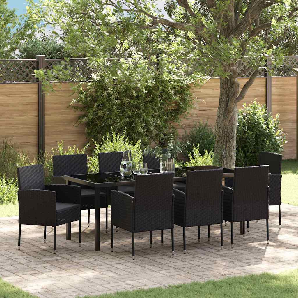 Tuin eettafelset met kussen 9 pcs Zwart poly rattan is nu te koop bij PeponiXL, paradijselijk wonen!