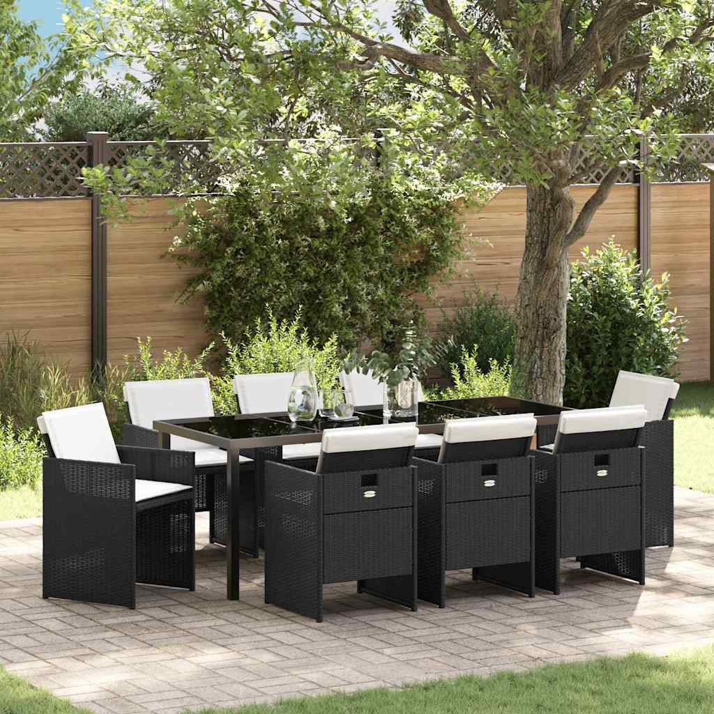 Tuin eettafelset met kussen 9 pcs Zwart poly rattan is nu te koop bij PeponiXL, paradijselijk wonen!