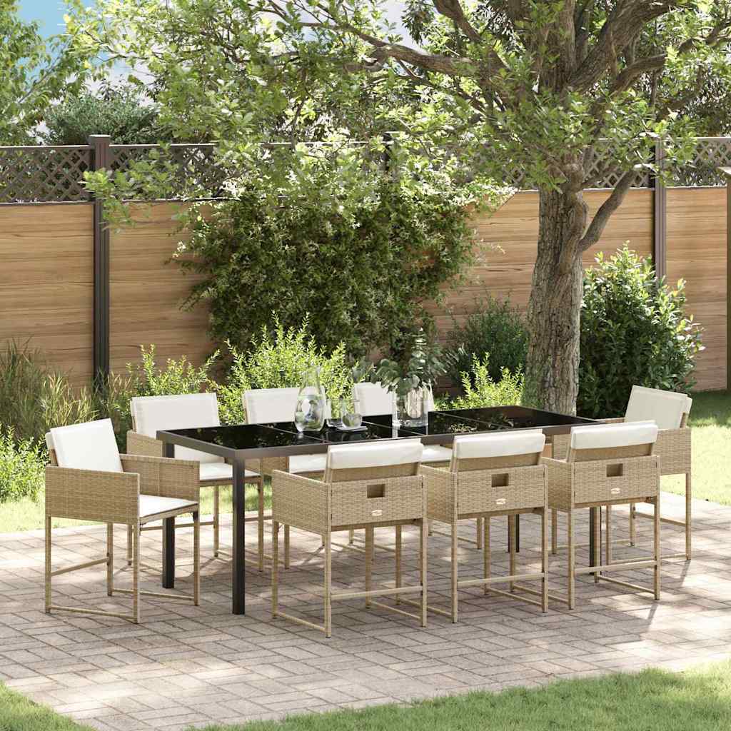 Tuin eettafelset met kussen 9 pcs Beige poly rattan is nu te koop bij PeponiXL, paradijselijk wonen!