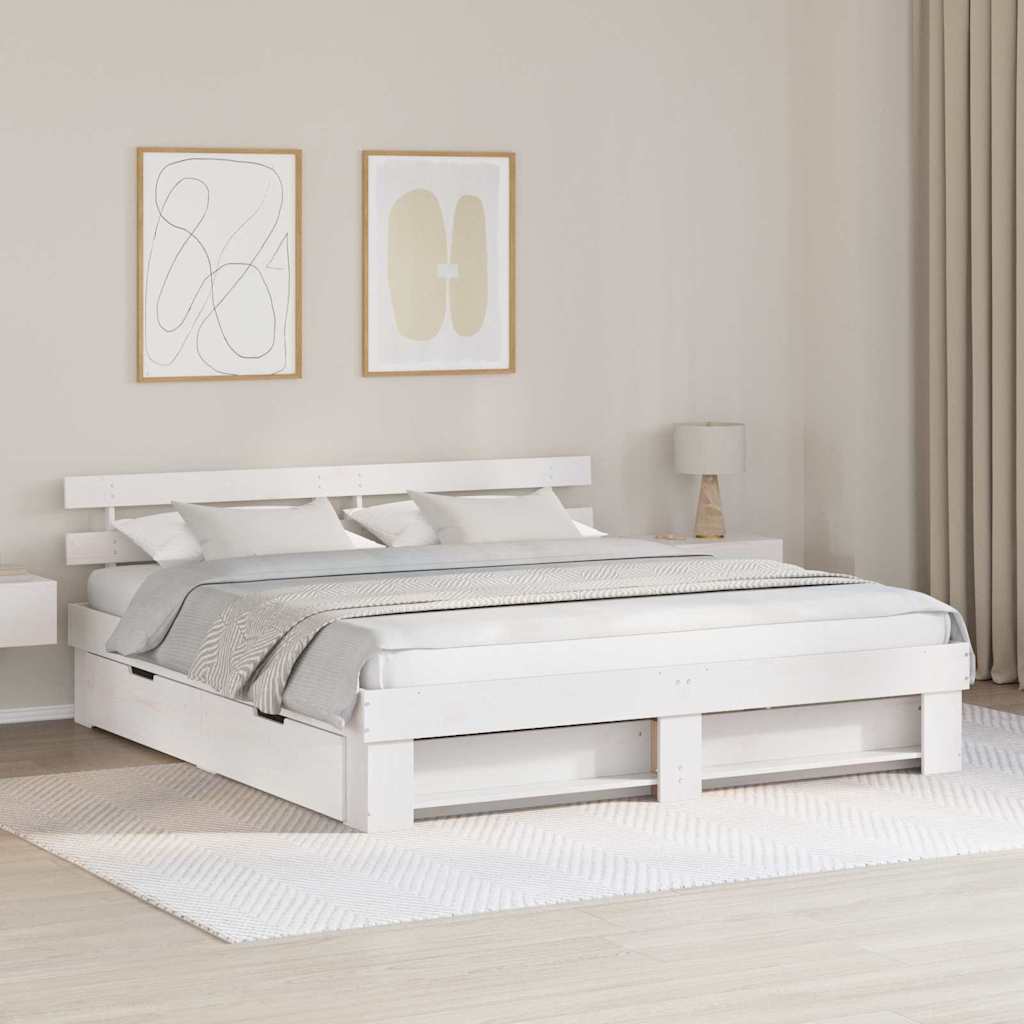 Bedframe met hoofdeinde Wit 200 x 200 cm Massief grenenhout is nu te koop bij PeponiXL, paradijselijk wonen!