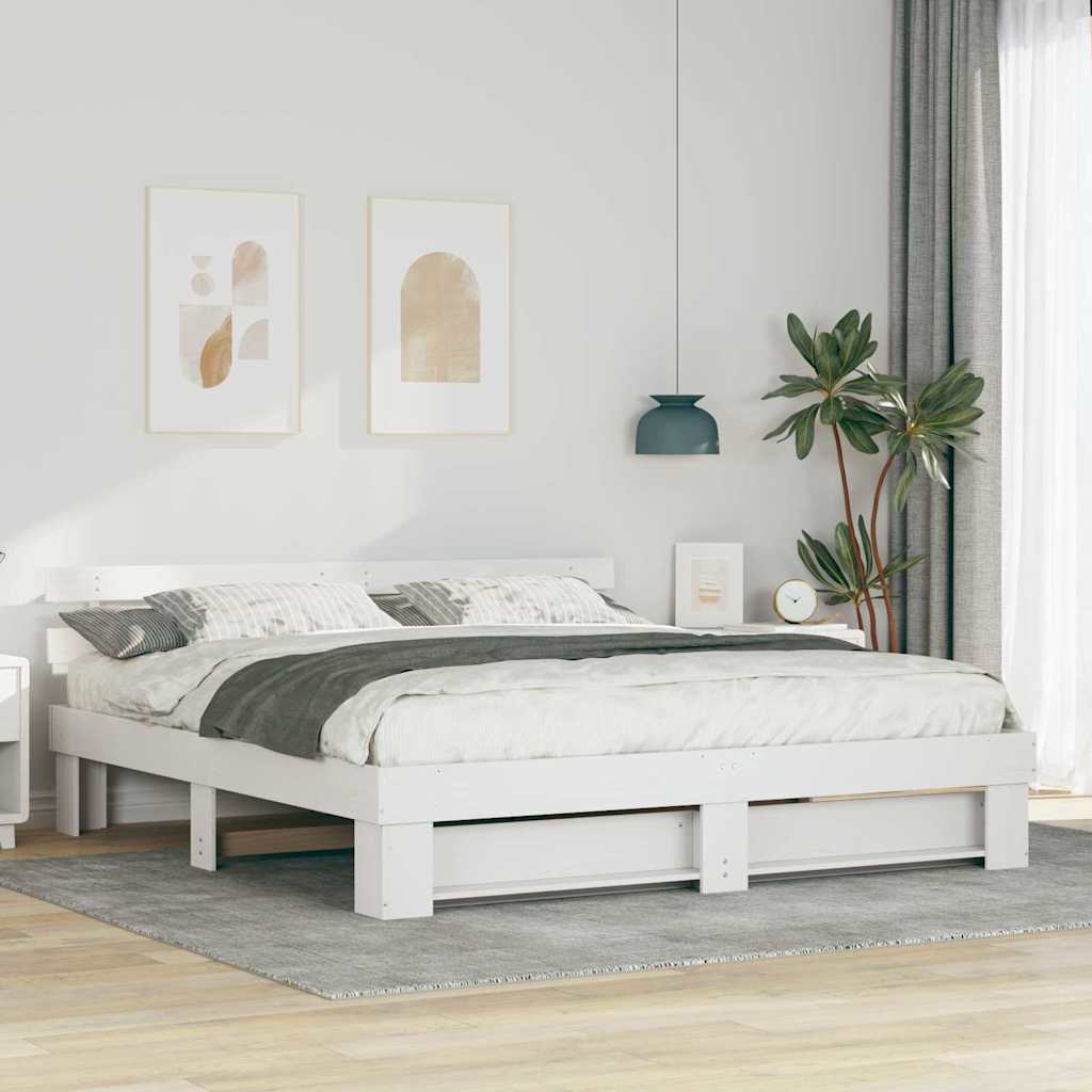 Bedframe met hoofdeinde Wit 200 x 200 cm Massief grenenhout is nu te koop bij PeponiXL, paradijselijk wonen!