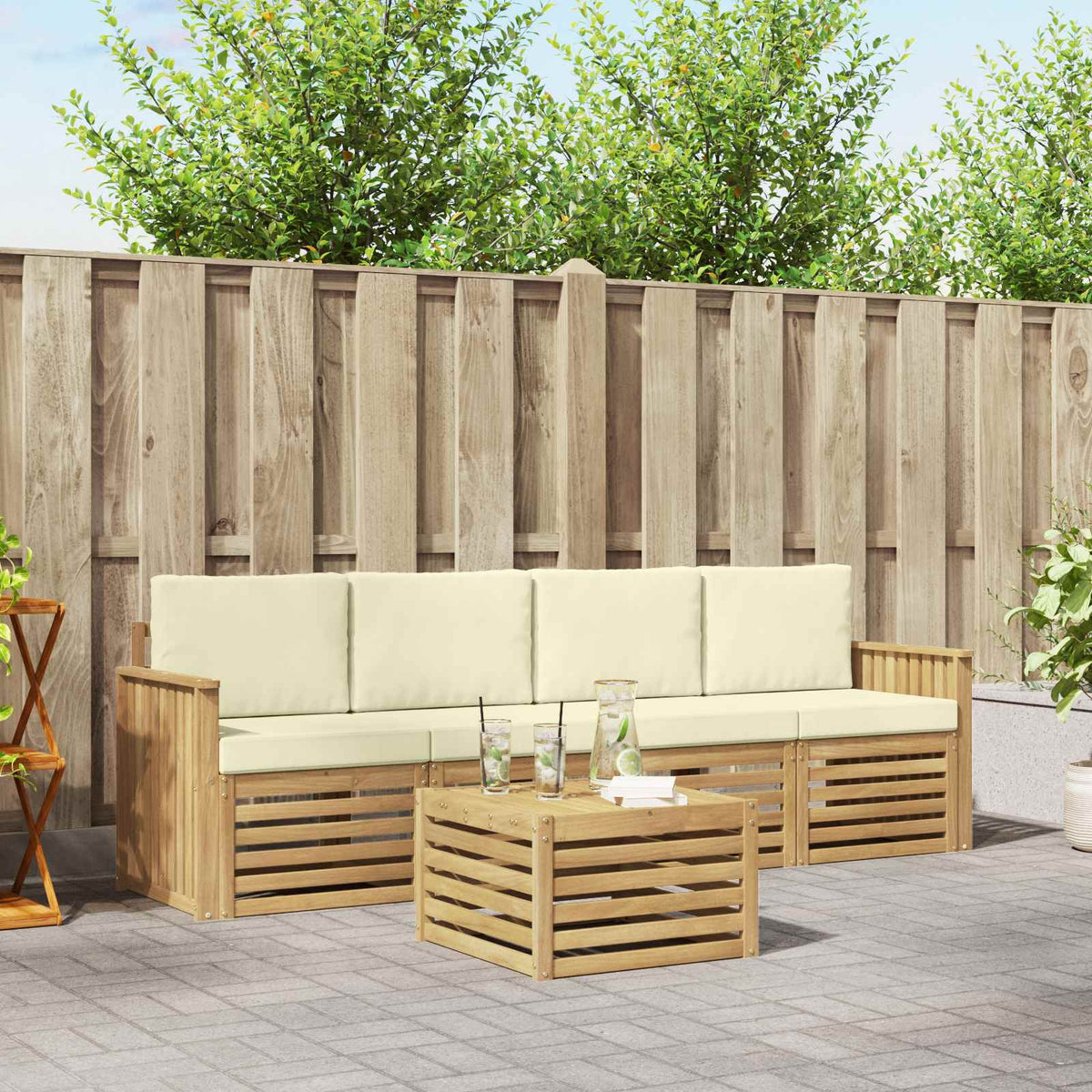 Buiten bankenset met kussen 5 pcs Wit en crèmekleurig Polyester is nu te koop bij PeponiXL, paradijselijk wonen!