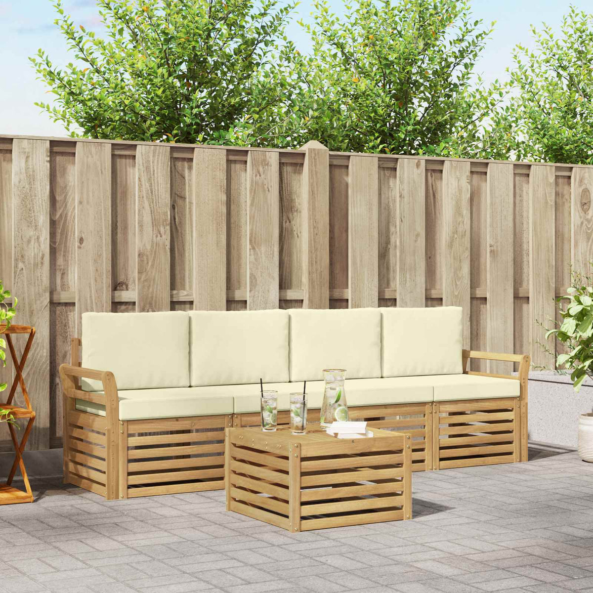 Buiten bankenset met kussen 5 pcs Wit en crèmekleurig Polyester is nu te koop bij PeponiXL, paradijselijk wonen!