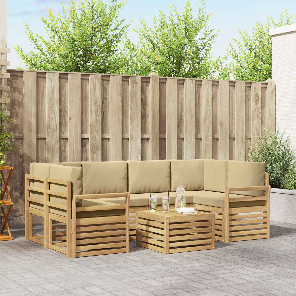Buiten bankenset met kussen 7 pcs Wit en Beige Polyester is nu te koop bij PeponiXL, paradijselijk wonen!