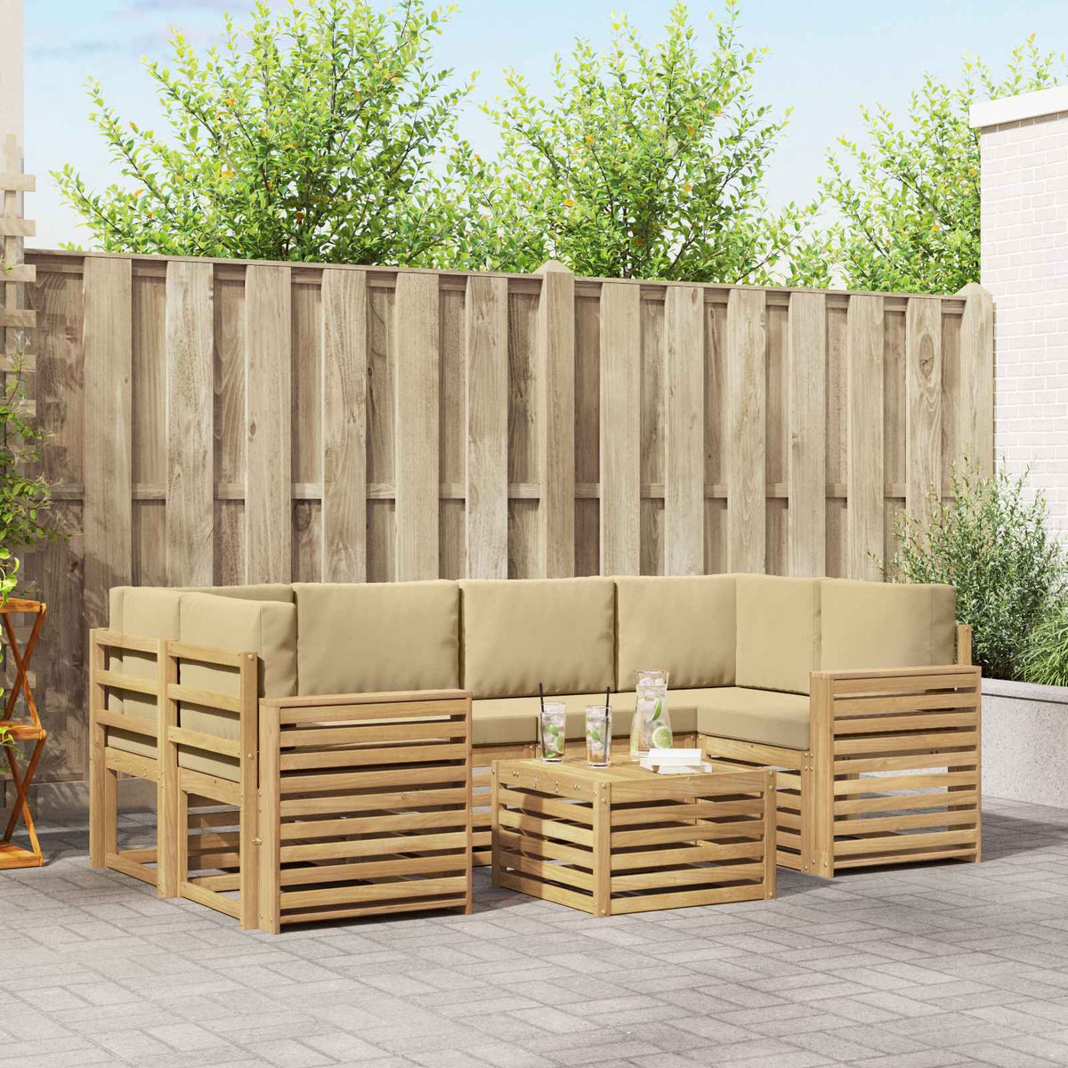 Buiten bankenset met kussen 7 pcs Wit en Beige Polyester is nu te koop bij PeponiXL, paradijselijk wonen!