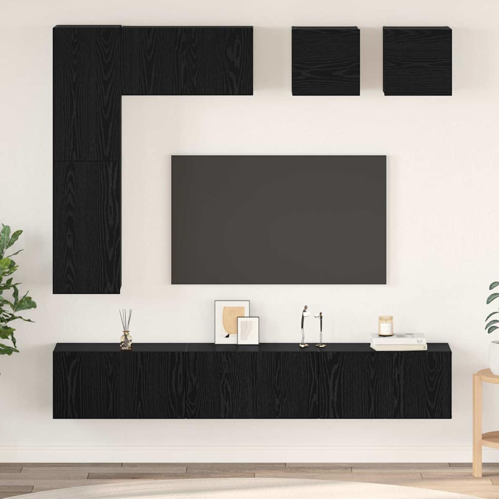 Tv-meubelset Wandgemonteerd 8 pcs Zwart Eiken Bewerkt hout is nu te koop bij PeponiXL, paradijselijk wonen!