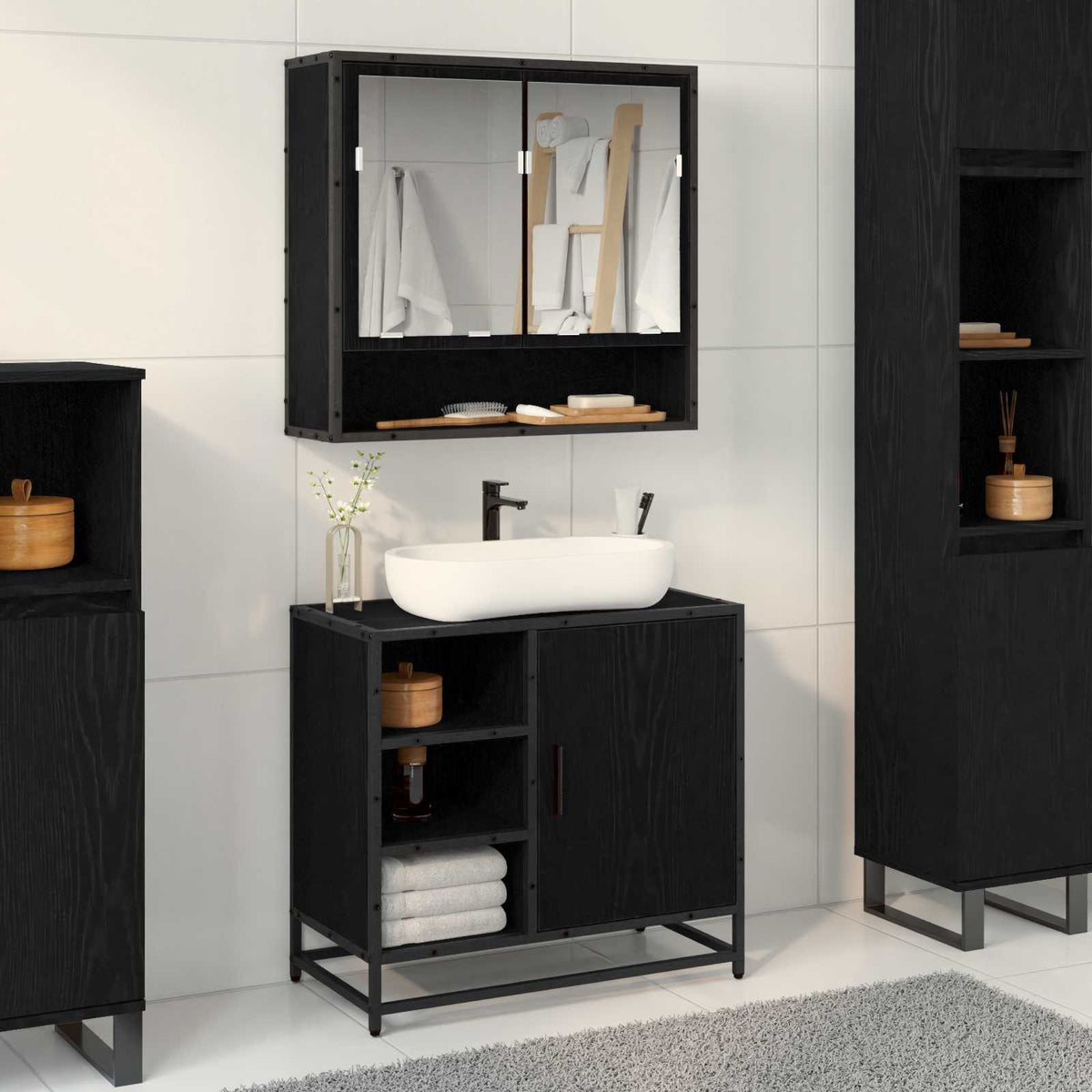 Badkamerkast met plank Zwart Eiken 65 x 33 x 60 cm Bewerkt hout is nu te koop bij PeponiXL, paradijselijk wonen!