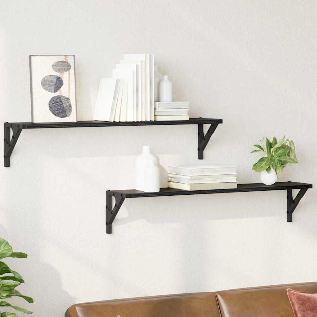 Wandplanken 2 pcs Zwart Eiken 80 x 15 x 15,5 cm Bewerkt hout is nu te koop bij PeponiXL, paradijselijk wonen!