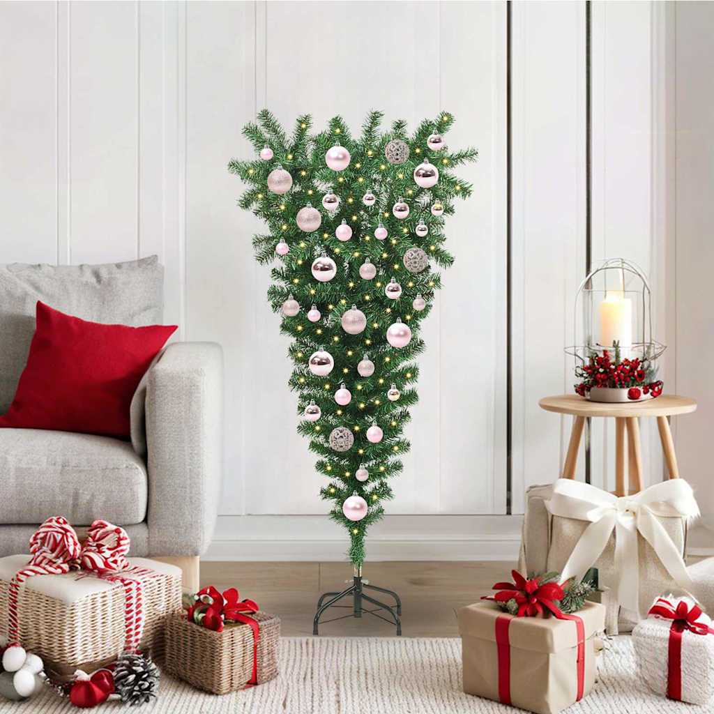vidaXL Ondersteboven Kunstkerstboom met Ballenset Groen 120 cm PVC