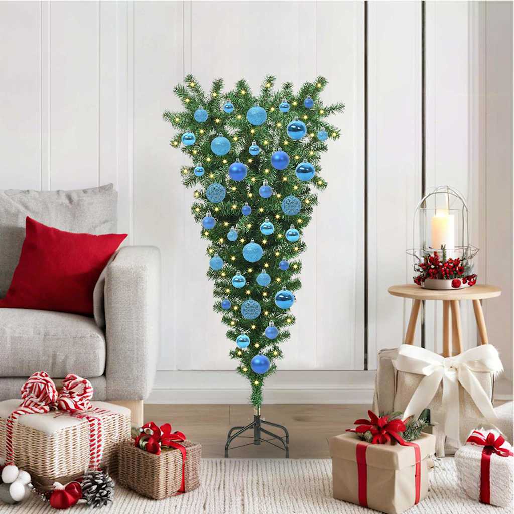 vidaXL Omgekeerde Kunststof Voorverlichte Kerstboom met Ballenset PVC