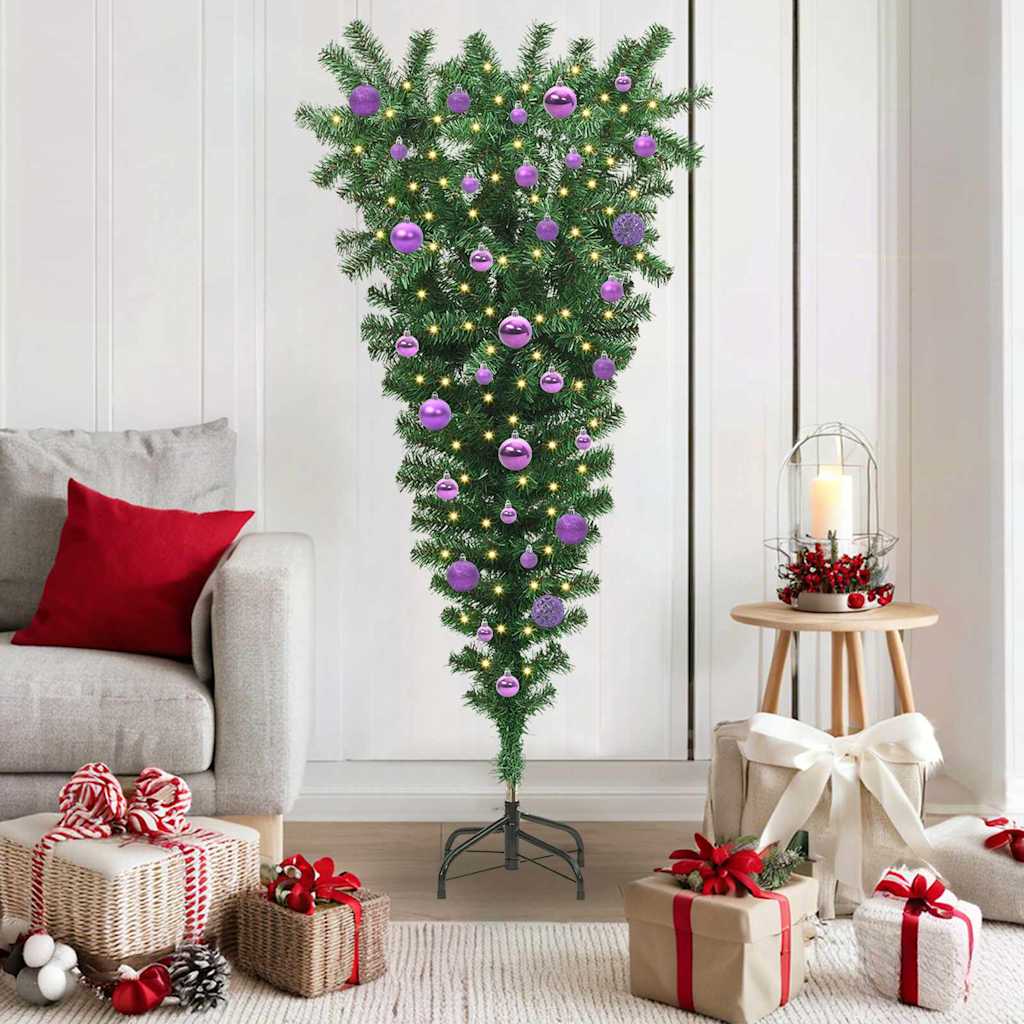 vidaXL Ondersteboven Kunstkerstboom met Ballenset Groen 150 cm PVC