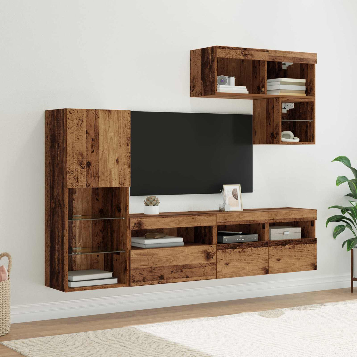 TV Wandmeubels met LED-striplichten 6 pcs Oudhout Bewerkt hout is nu te koop bij PeponiXL, paradijselijk wonen!