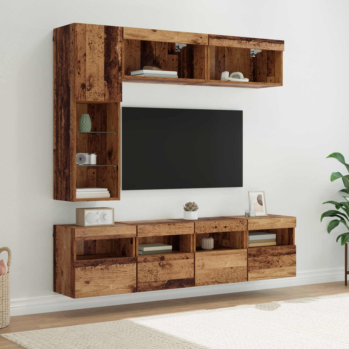 TV-kast met LED Wandgemonteerd 7 pcs Oudhout Bewerkt hout is nu te koop bij PeponiXL, paradijselijk wonen!