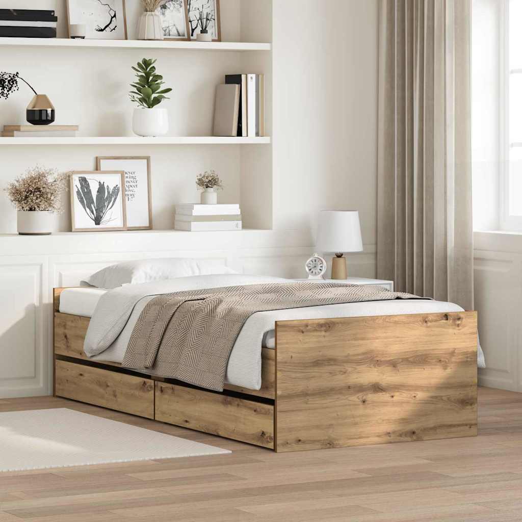 Bedframe met lade Artisan Eiken 90 x 200 cm Massief grenenhout is nu te koop bij PeponiXL, paradijselijk wonen!