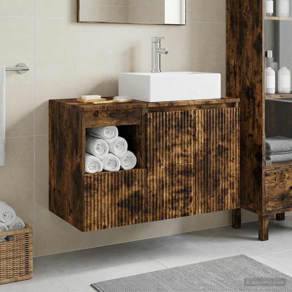 Badkamermeubelset 2 st Gerookt eiken Bewerkt hout is nu te koop bij PeponiXL, paradijselijk wonen!