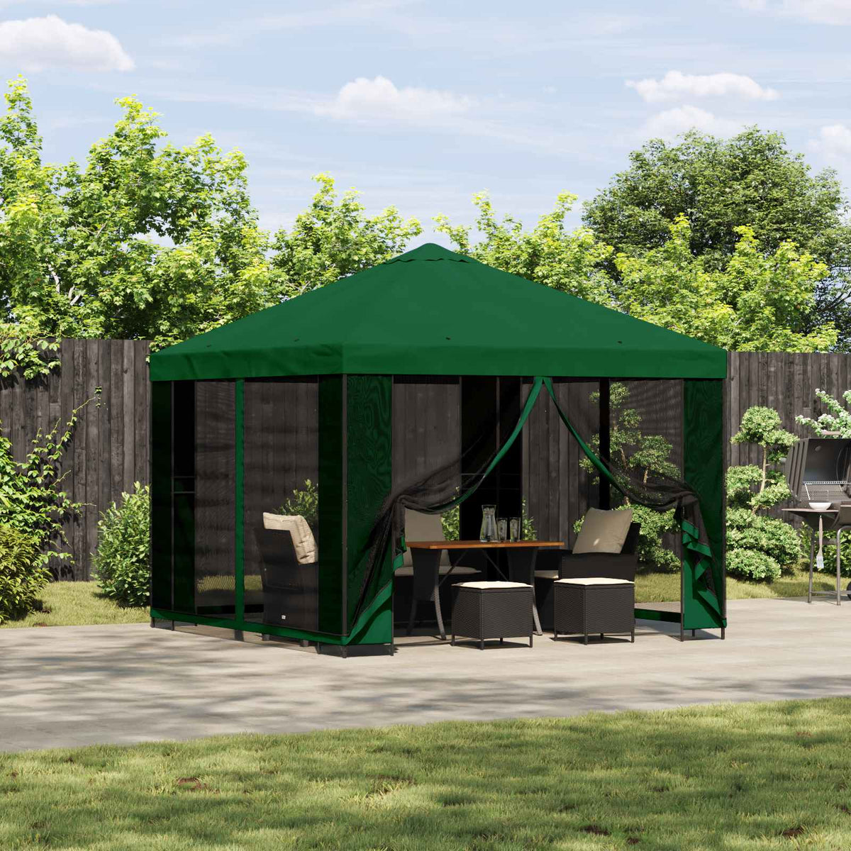 Tuin Gazebo met Zijwanden 3 x 3 m Groen Polyester en staal is nu te koop bij PeponiXL, paradijselijk wonen!