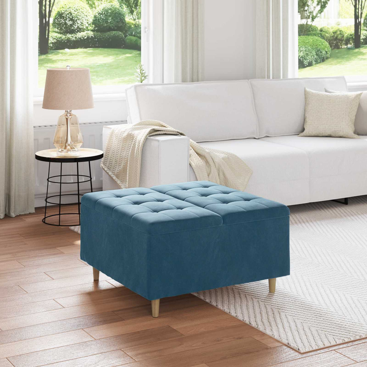 Opslagottoman met kussen Blauw 80 x 80 x 45 cm Fluweel is nu te koop bij PeponiXL, paradijselijk wonen!