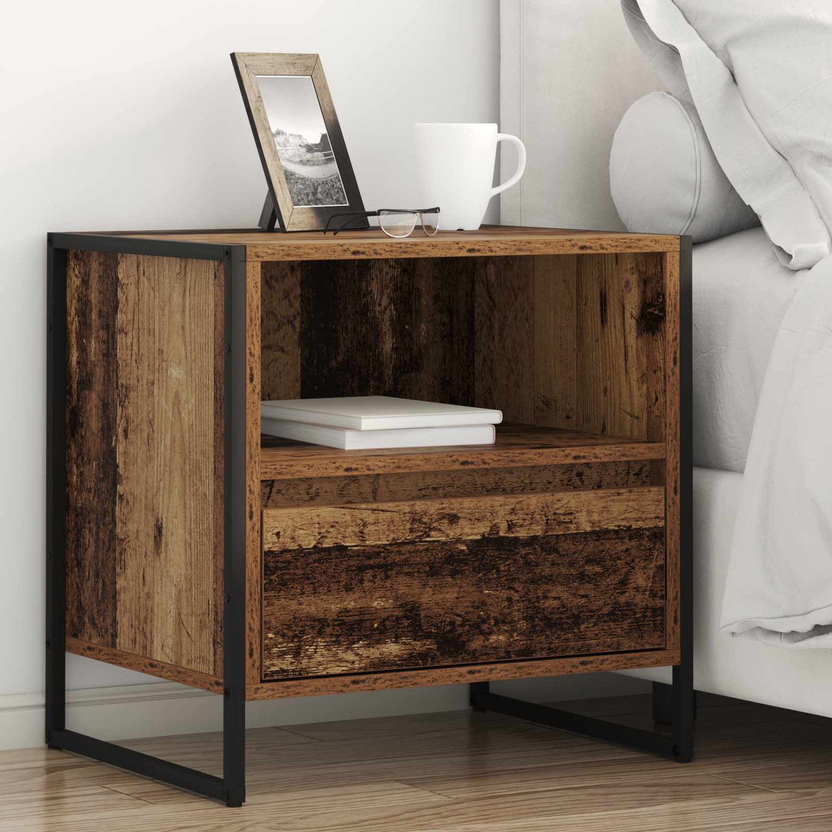 Nachtkastje met lade Oud Hout 50 x 39,5 x 50 cm Bewerkt hout is nu te koop bij PeponiXL, paradijselijk wonen!