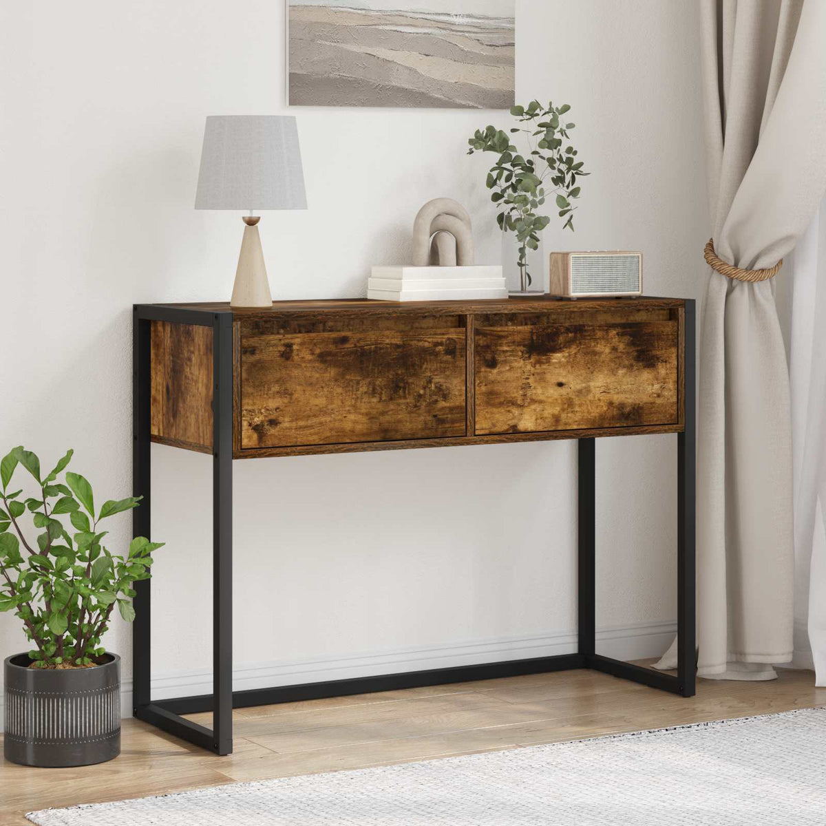 Bijzettafel met lade Rook Eik 100 x 36 x 75 cm Bewerkt hout is nu te koop bij PeponiXL, paradijselijk wonen!