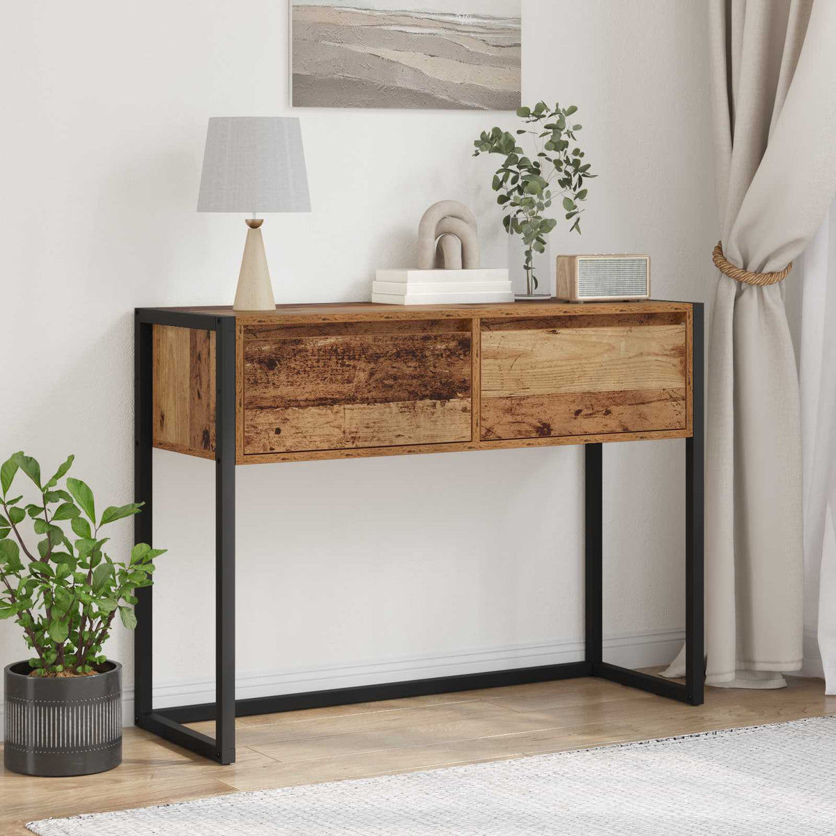 Bijzettafel met lade Oud Hout 100 x 36 x 75 cm Bewerkt hout is nu te koop bij PeponiXL, paradijselijk wonen!