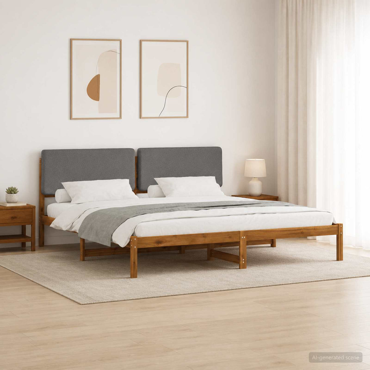 Bedframe met gestoffeerd hoofdbord Naturel en lichtgrijs is nu te koop bij PeponiXL, paradijselijk wonen!