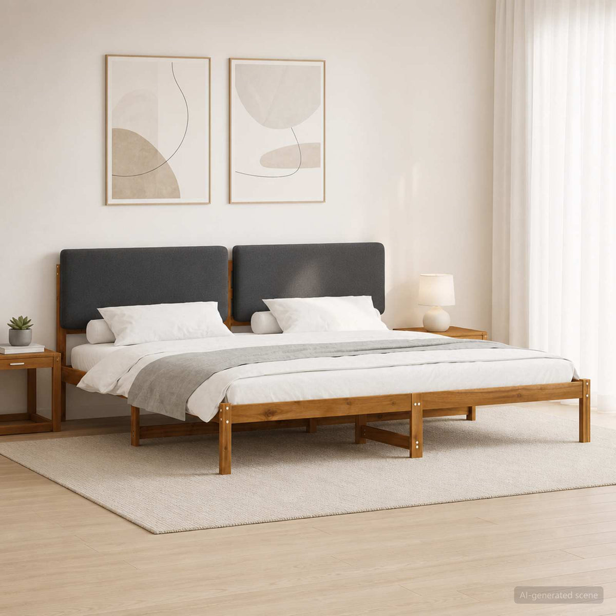 Bedframe met gestoffeerd hoofdbord Naturel en donkergrijs is nu te koop bij PeponiXL, paradijselijk wonen!