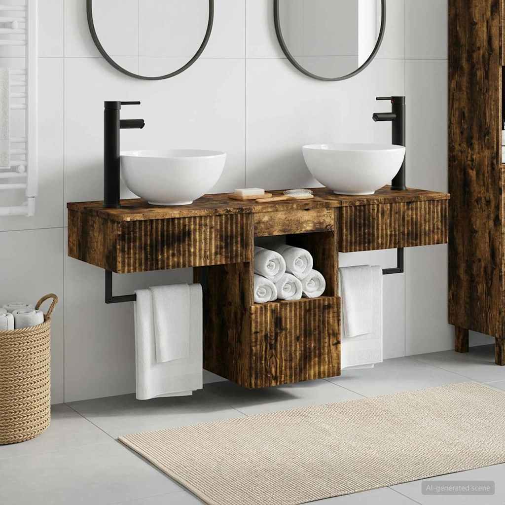 Badkamermeubelset 3 st Gerookt eiken Bewerkt hout is nu te koop bij PeponiXL, paradijselijk wonen!