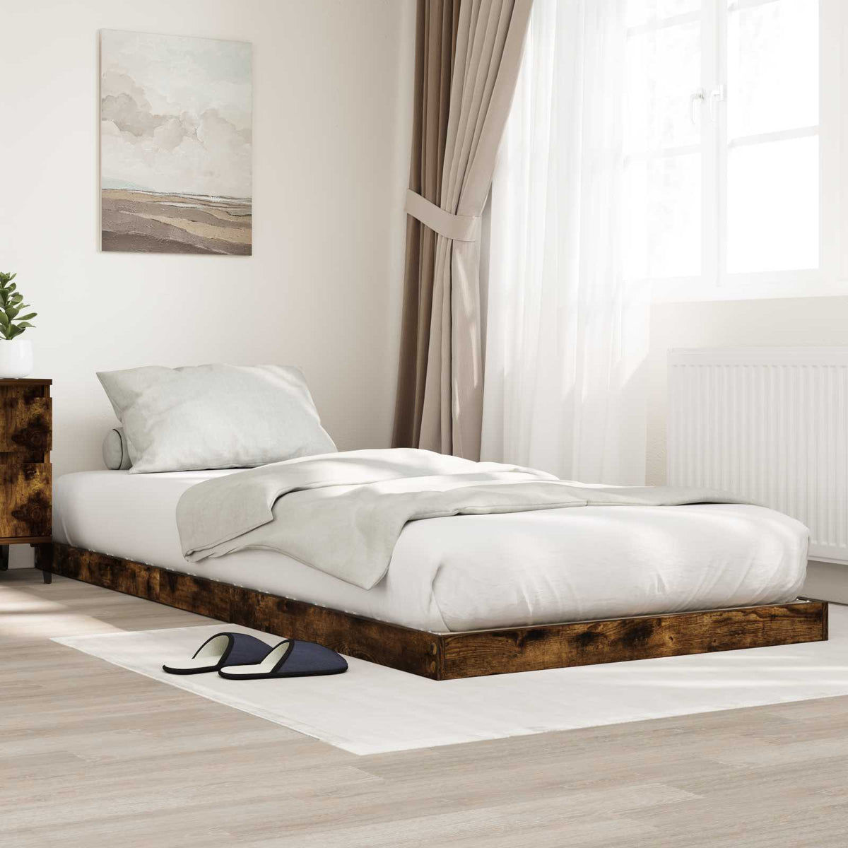 Vloer bedframe Gerookt eiken 90 x 190 cm Bewerkt hout is nu te koop bij PeponiXL, paradijselijk wonen!