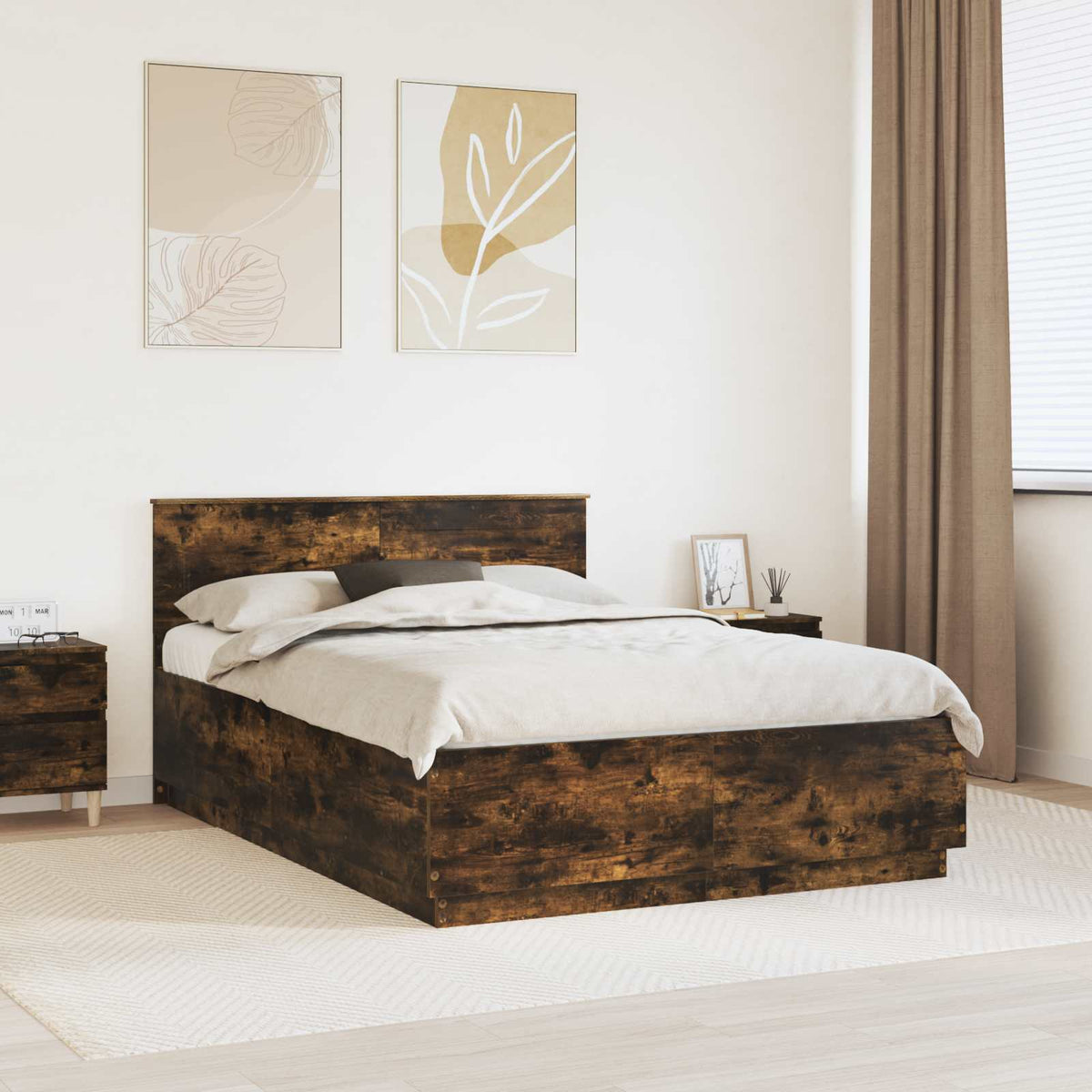 Bedframe met hoofdeinde Gerookt eiken 140 x 200 cm Bewerkt hout is nu te koop bij PeponiXL, paradijselijk wonen!