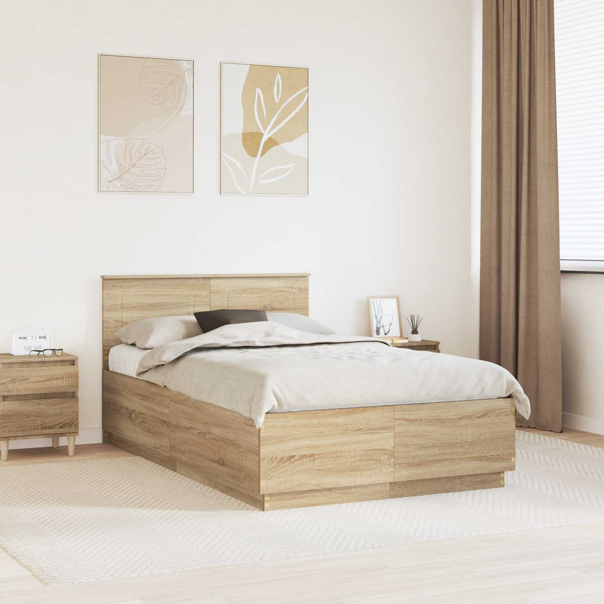 Bedframe met hoofdeinde Sonoma Eiken 135 x 190 cm Bewerkt hout is nu te koop bij PeponiXL, paradijselijk wonen!