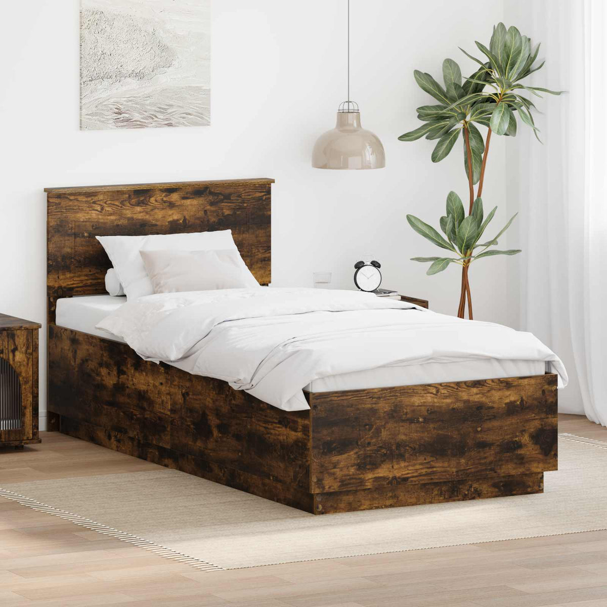 Bedframe met hoofdeinde Gerookt eiken 70 x 190 cm Bewerkt hout is nu te koop bij PeponiXL, paradijselijk wonen!