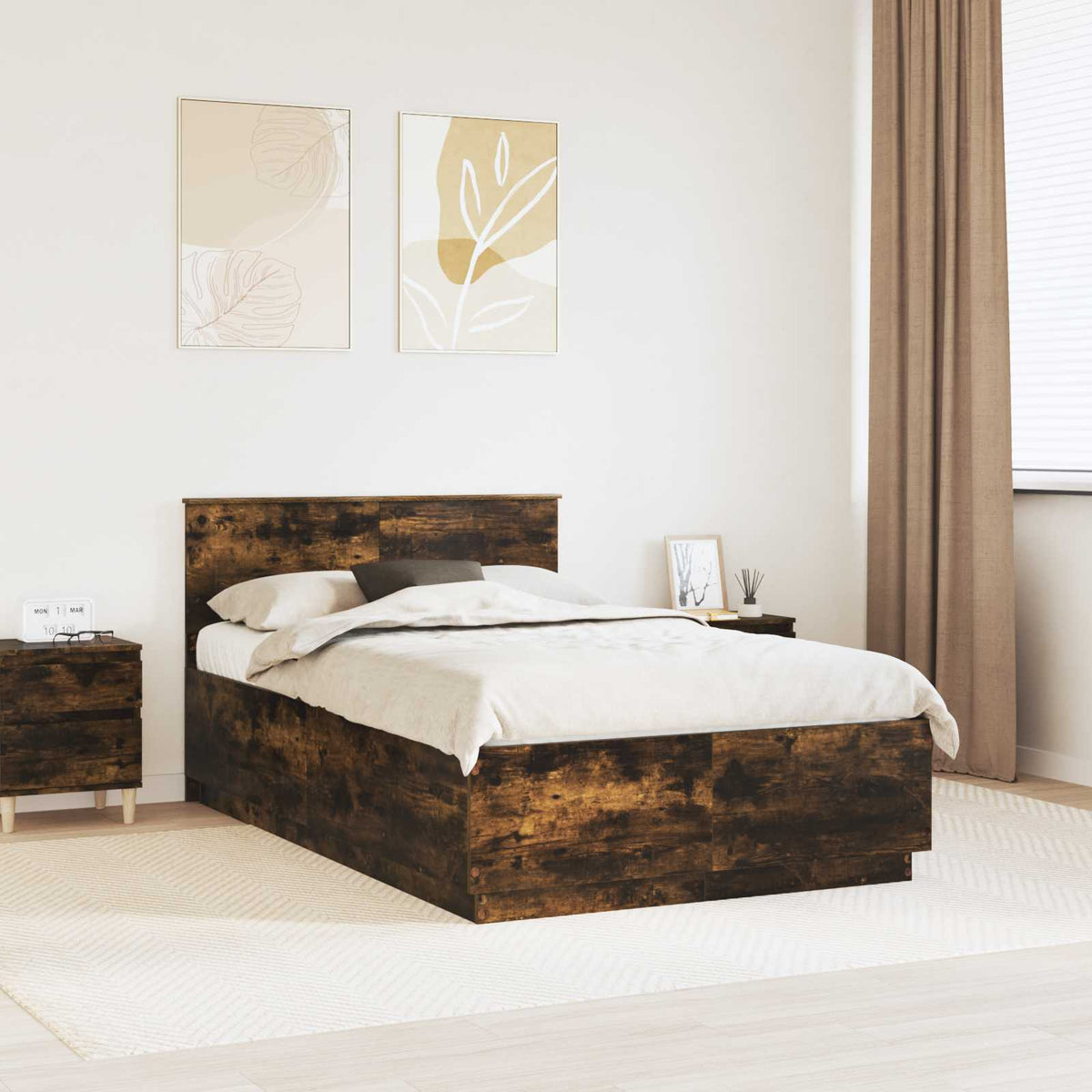 Bedframe met hoofdeinde Gerookt eiken 120 x 190 cm Bewerkt hout is nu te koop bij PeponiXL, paradijselijk wonen!