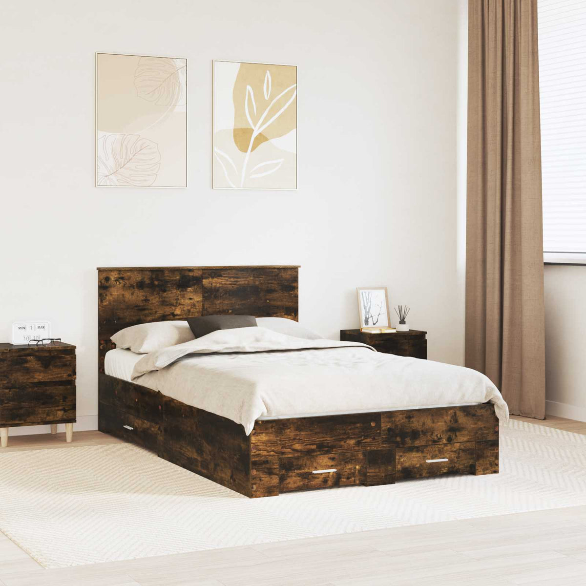 Bedframe met hoofdeinde Gerookt eiken 135 x 190 cm Bewerkt hout is nu te koop bij PeponiXL, paradijselijk wonen!