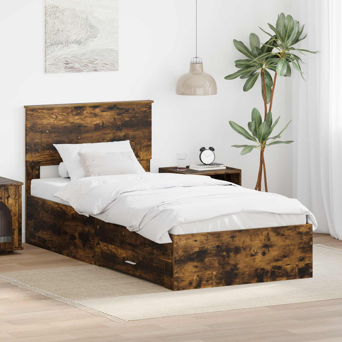 Bedframe Gerookt Eiken en Zilver 75 x 190 cm Bewerkt hout is nu te koop bij PeponiXL, paradijselijk wonen!