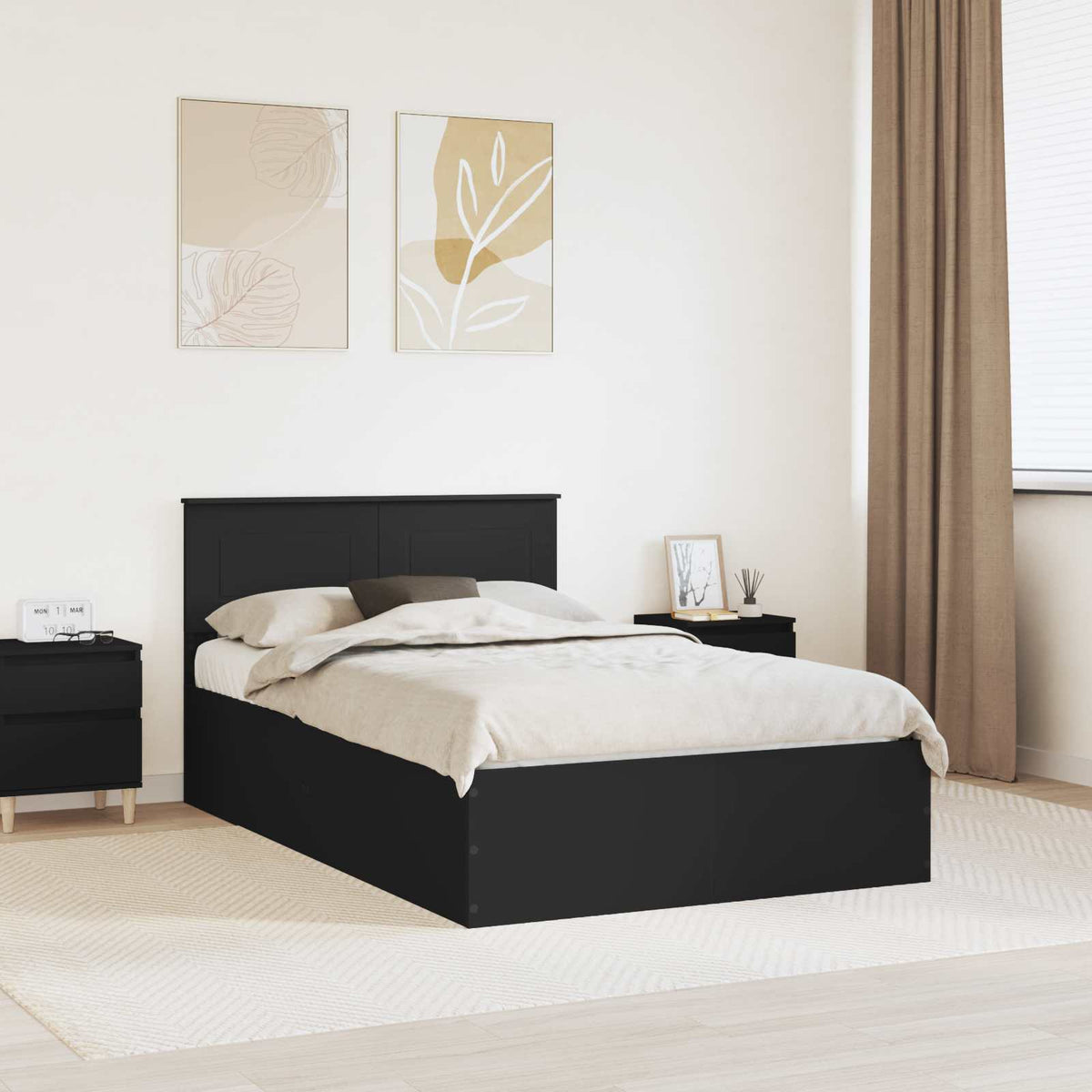 Bedframe met hoofdeinde Zwart 135 x 190 cm Bewerkt hout is nu te koop bij PeponiXL, paradijselijk wonen!