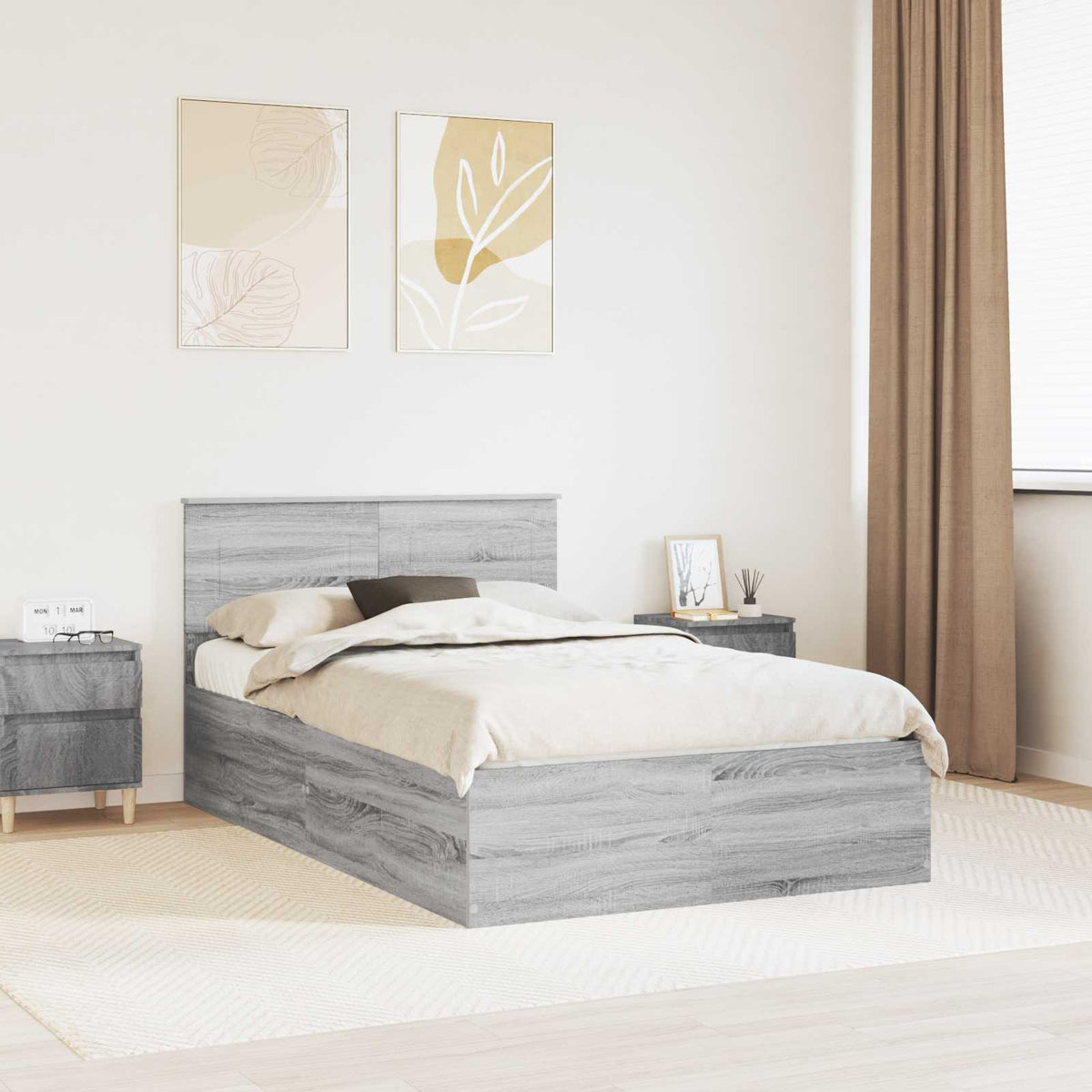 Bedframe met hoofdeinde Grijs Sonoma 135 x 190 cm Bewerkt hout is nu te koop bij PeponiXL, paradijselijk wonen!