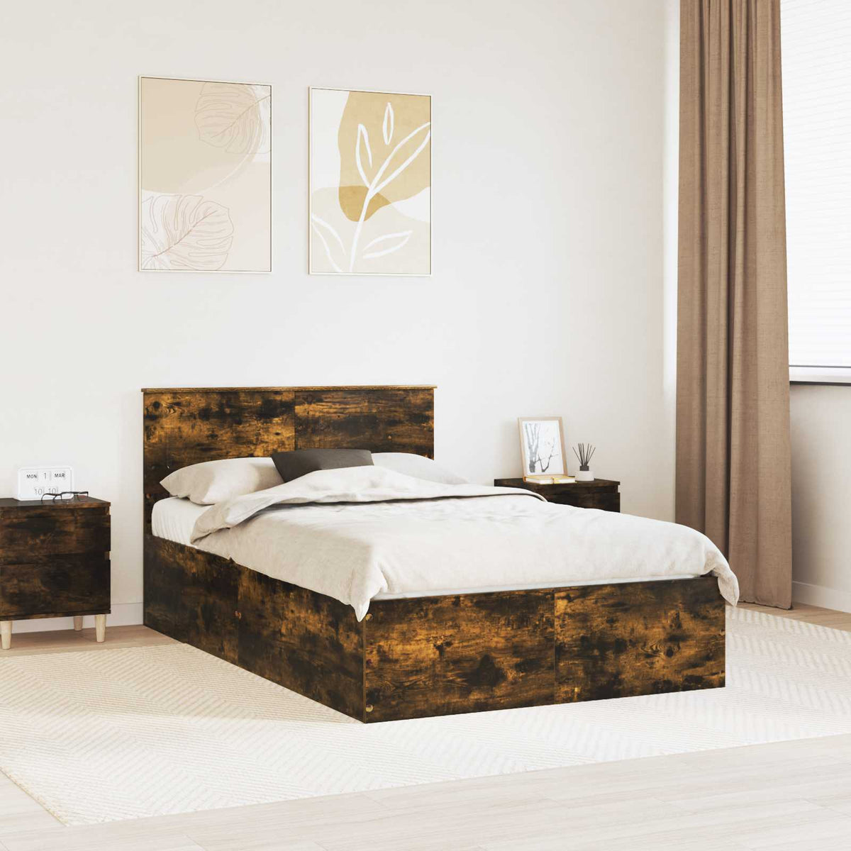 Bedframe met hoofdeinde Gerookt eiken 120 x 190 cm Bewerkt hout is nu te koop bij PeponiXL, paradijselijk wonen!