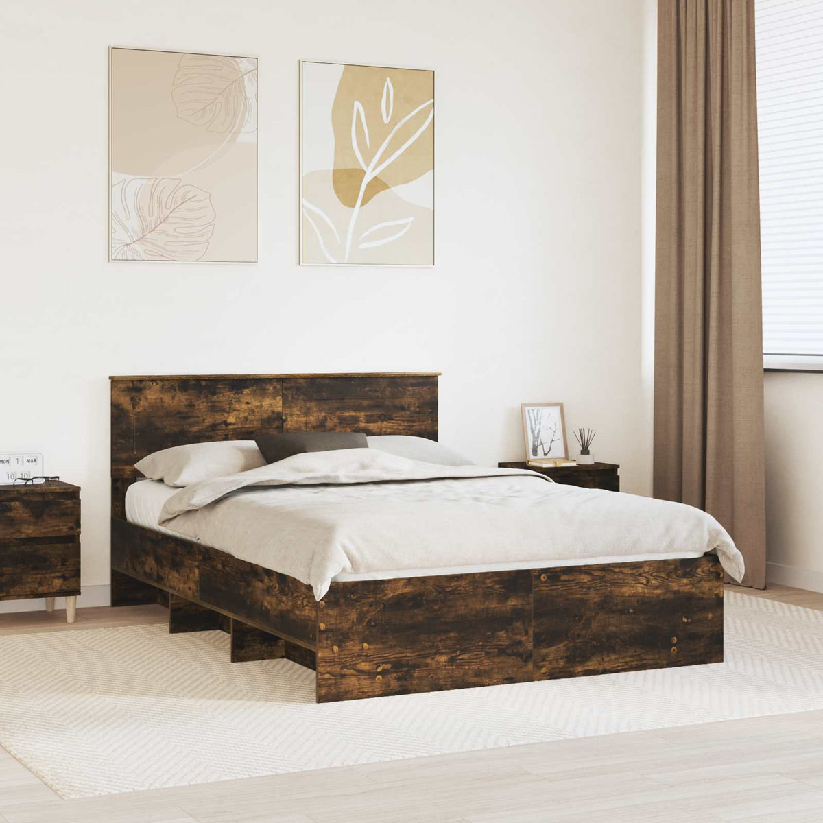 Bedframe met hoofdeinde Gerookt eiken 140 x 200 cm Bewerkt hout is nu te koop bij PeponiXL, paradijselijk wonen!