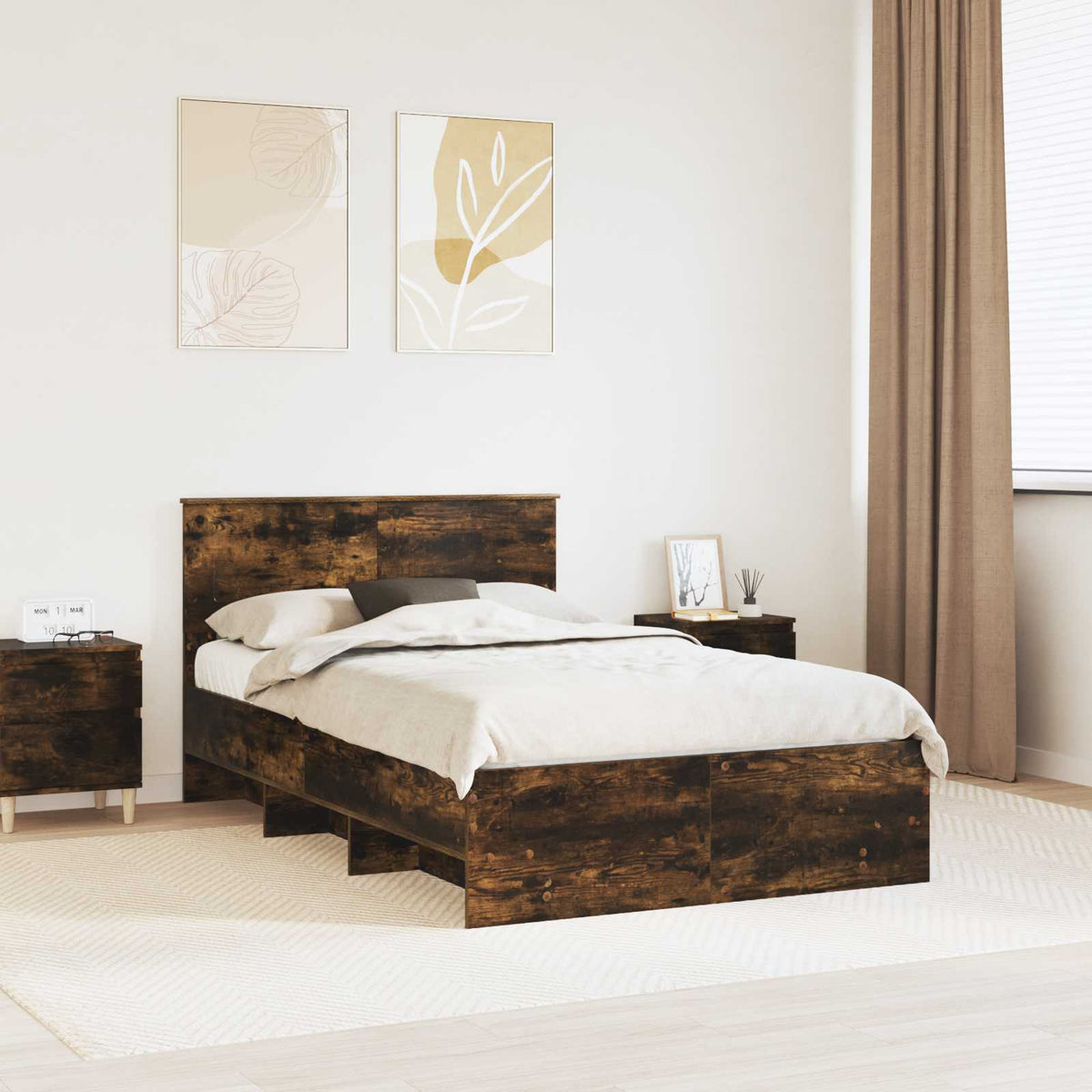 Bedframe met hoofdeinde Gerookt eiken 120 x 123 cm Bewerkt hout is nu te koop bij PeponiXL, paradijselijk wonen!
