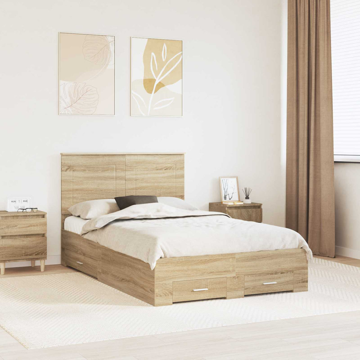 Bedframe met hoofdeinde Sonoma Eiken 135 x 190 cm Bewerkt hout is nu te koop bij PeponiXL, paradijselijk wonen!